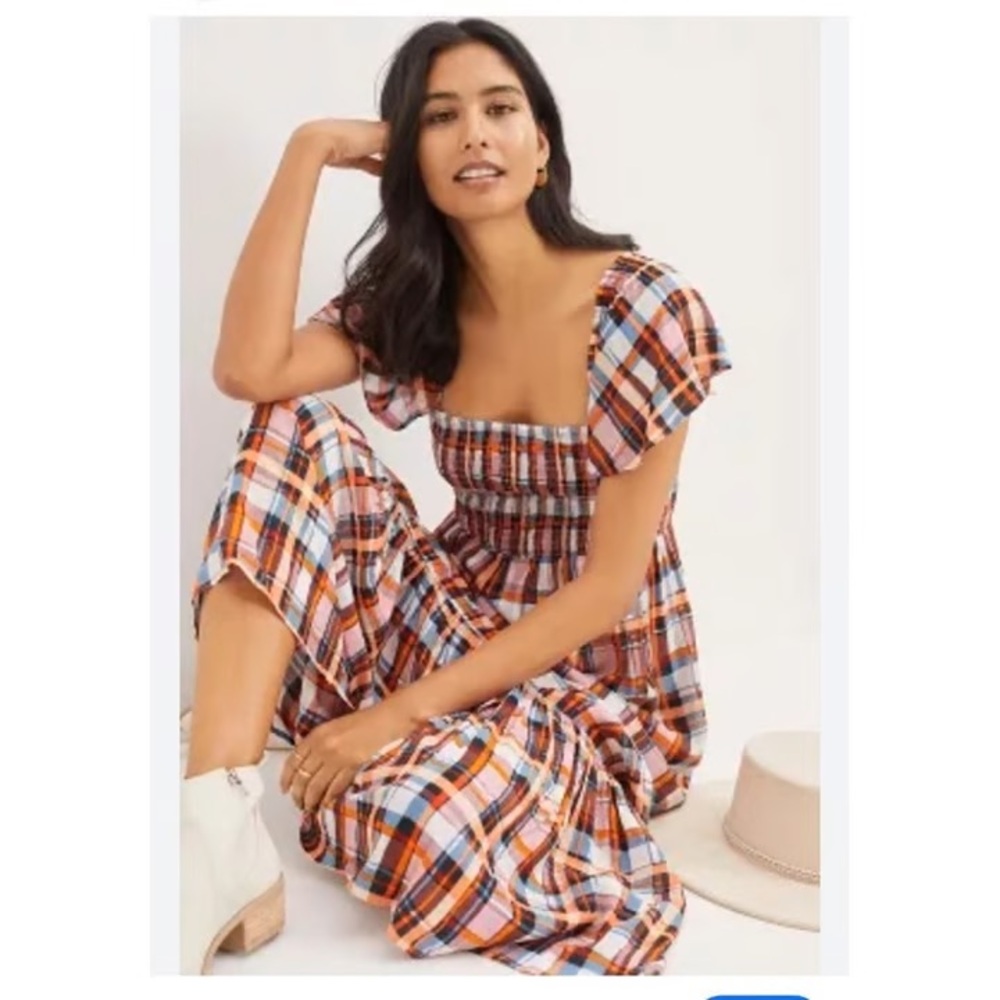 Anthropologie Orange Plaid Puff-Sleeve Smocked Midi Dress